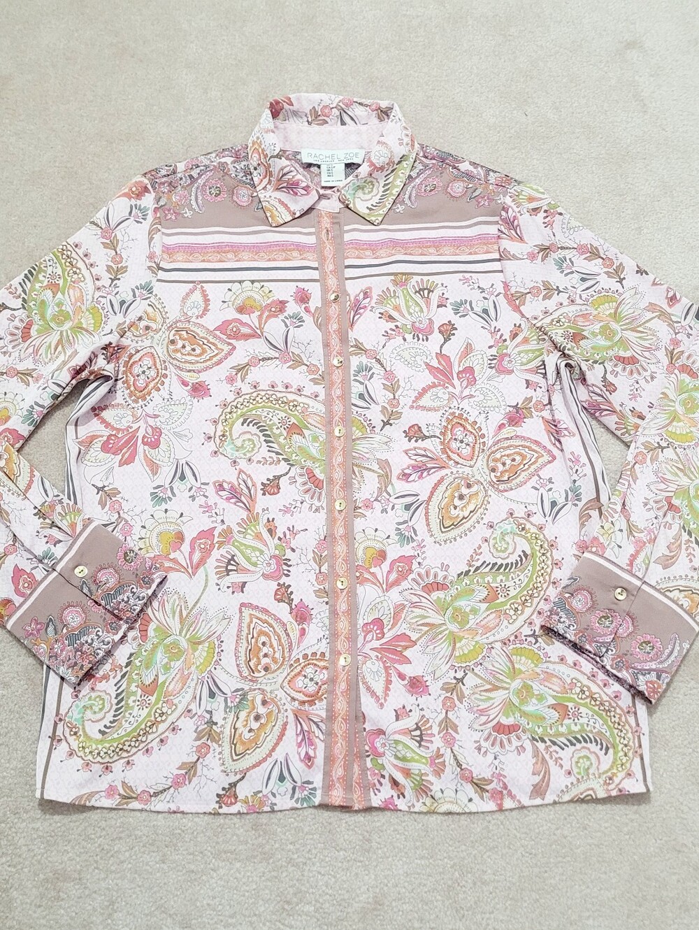 Paisley Floral Button Front Blouse Womens Small Pink Boho Stretch Top Rachel Zoe - Picture 13 of 13